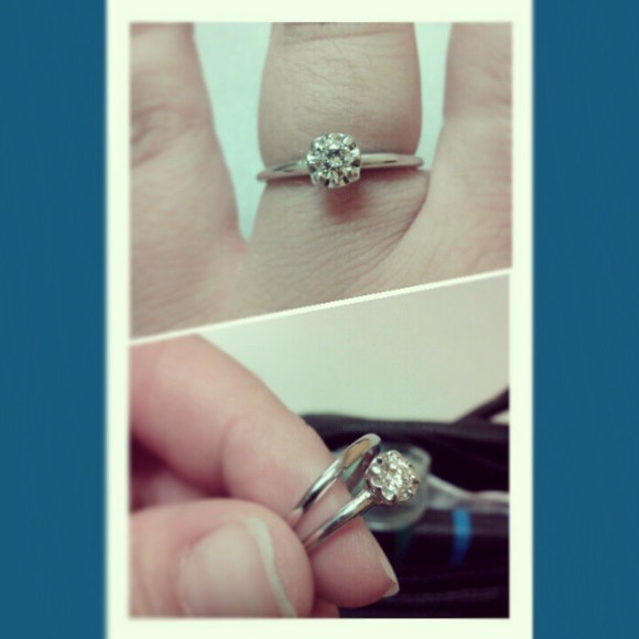 Top: Wearing my engagement ring. Bottom: My Grandmother's engagement and wedding band after being resized.